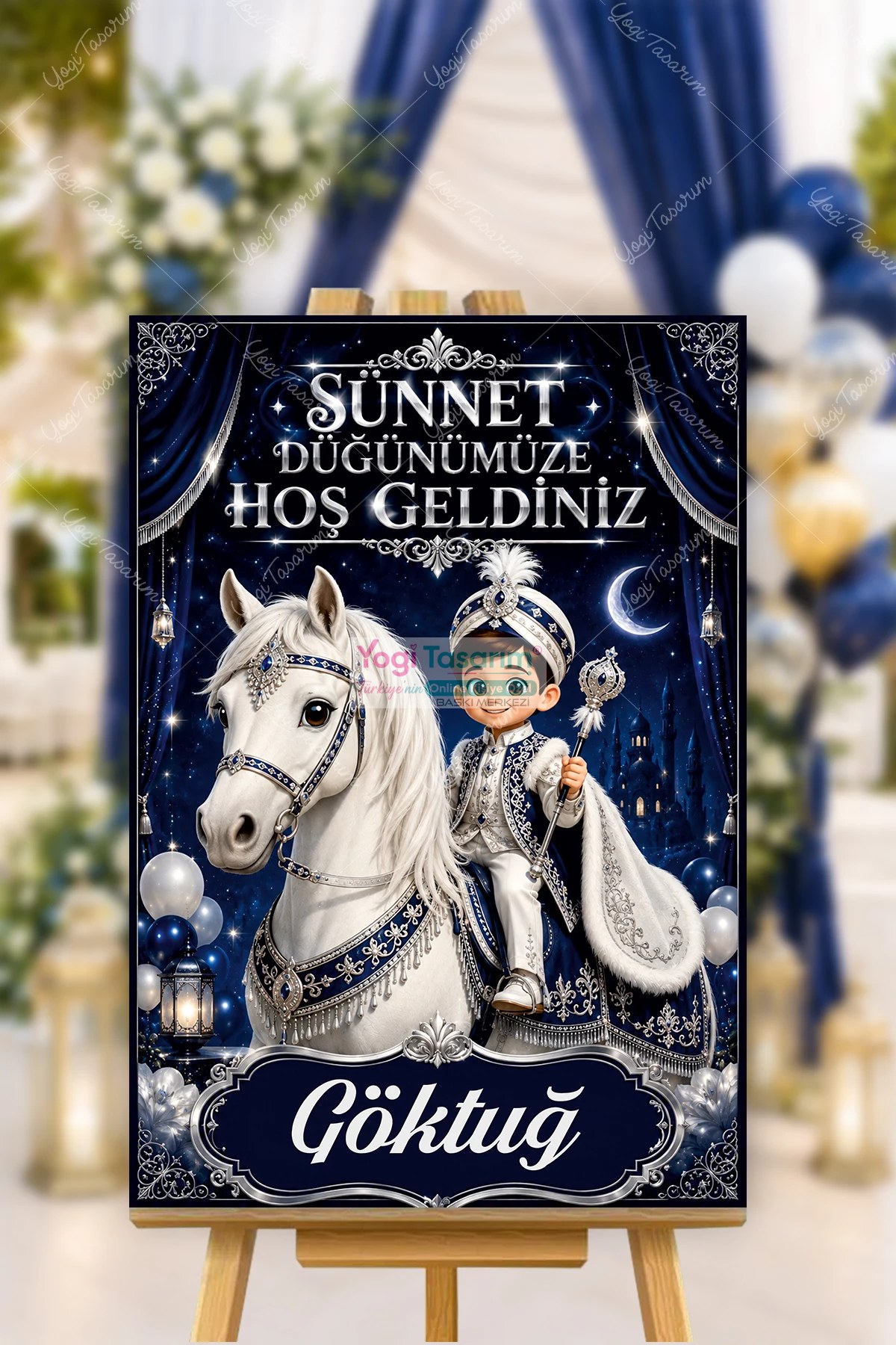 Beyaz Atlı Sünnet Çocuğu Temalı İsme Özel Karşılama Panosu