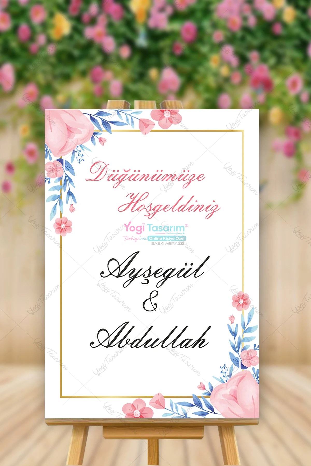 Pembe Mavi Çicekli Düğünümüze Hoş geldiniz Panosu