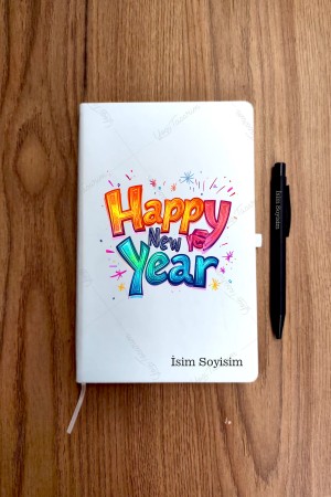 Renkli Happy New Year Yazı Temalı İsme Özel Ajanda Defter Kalem Set