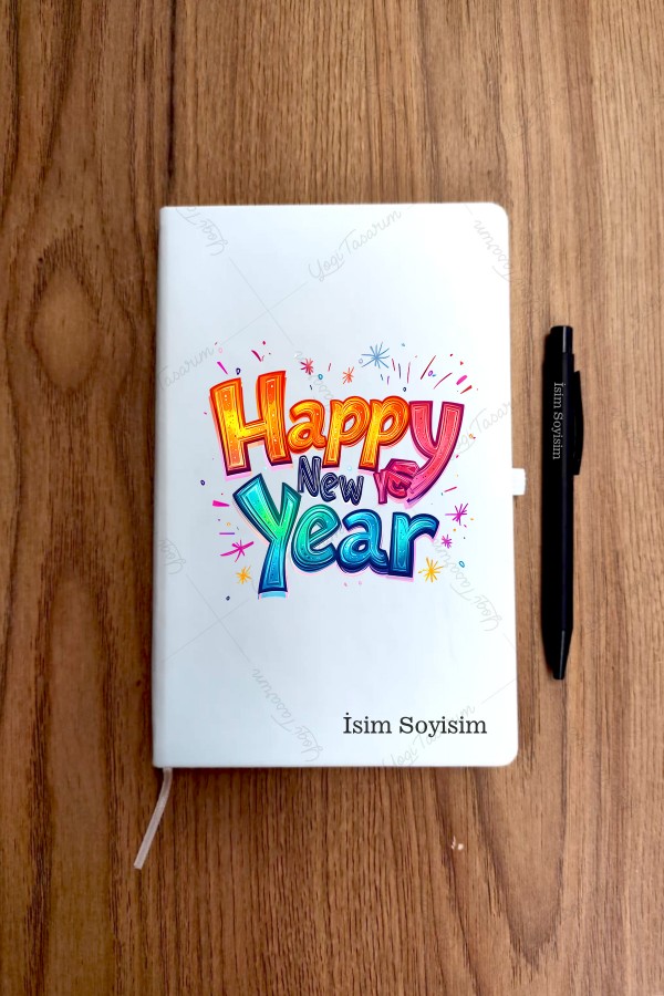 Renkli Happy New Year Yazı Temalı İsme Özel Ajanda Defter Kalem Set