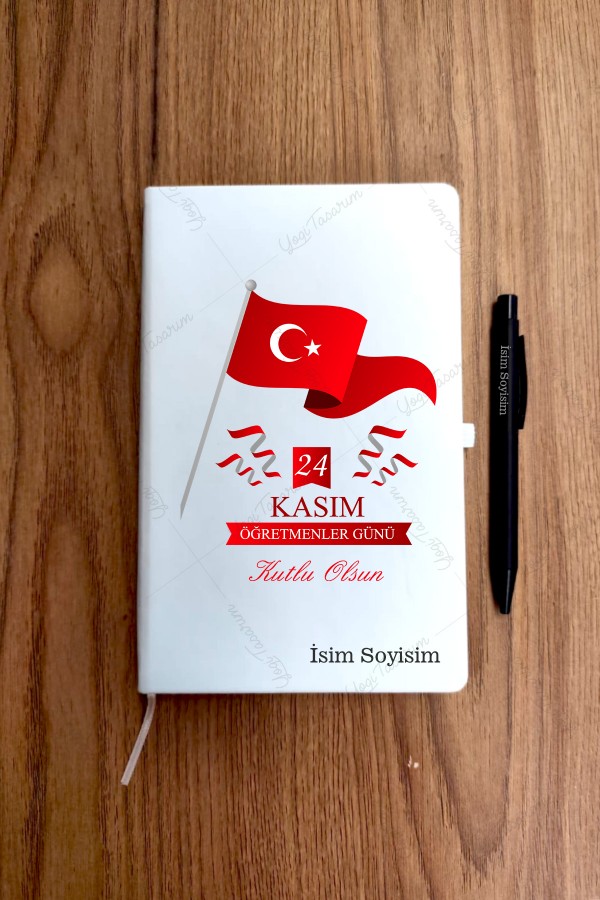 Öğretmenler Günü Bayraklı İsme Özel Ajanda Defter Kalem Set 2