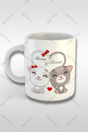 Çift İsmine Özel Kalp Kuyruklu Kedi Kupa Bardak Baskı