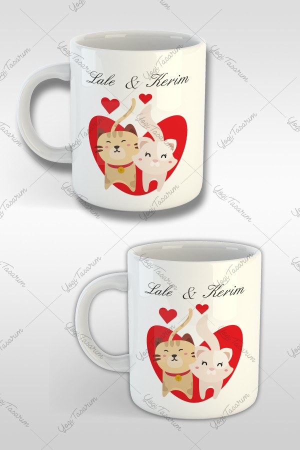 Kalp İçi Sevgili Kediler Çift İsme Özel Kupa Bardak Baskı