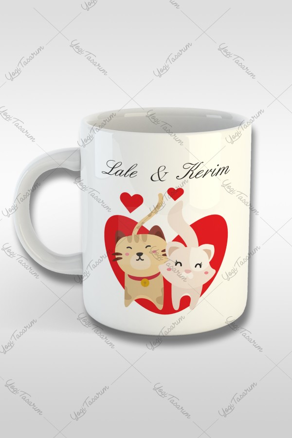 Kalp İçi Sevgili Kediler İsme Özel Kupa Bardak Baskı