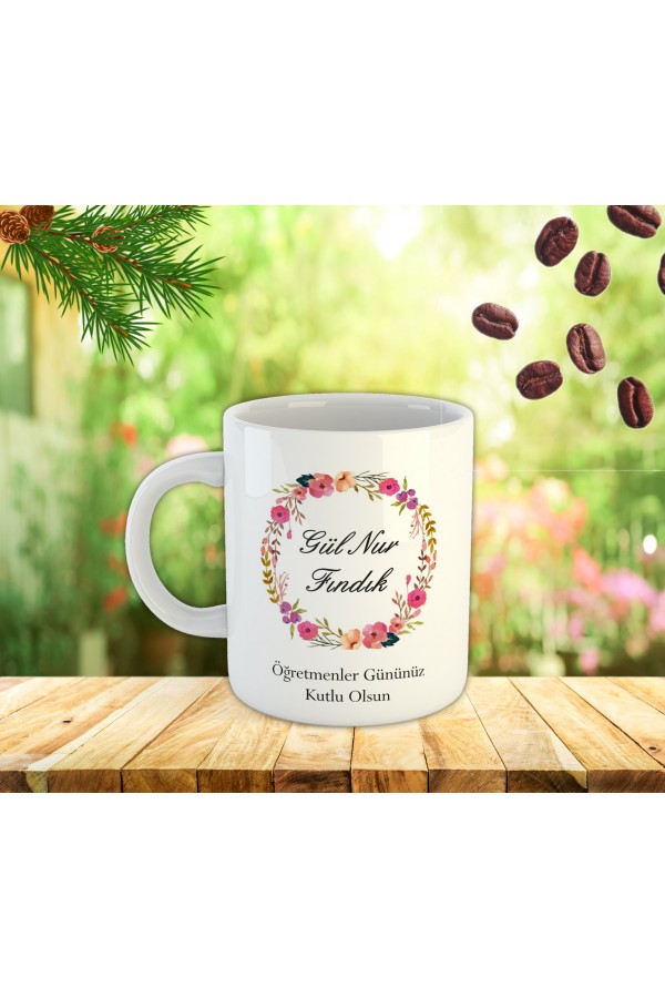 Öğretmenler Günü Çiçek Temalı İsme Özel Kupa Bardak Baskıı