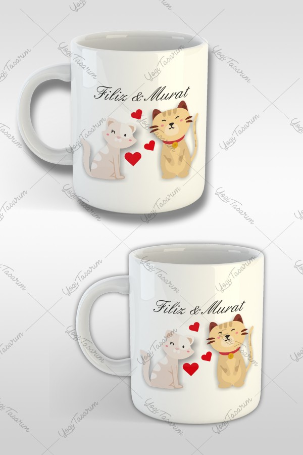 Sevgili Çift Kediler İsme Özel Kombin Kupa Bardak Baskı