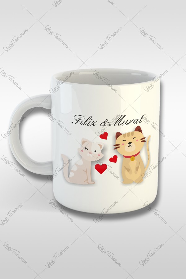 Sevgili Çift Kediler İsme Özel Kupa Bardak Baskı