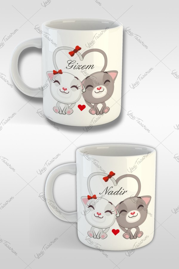 Sevgili İsmine Özel Kalp Kuyruklu Kediler Kupa Bardak Baskı