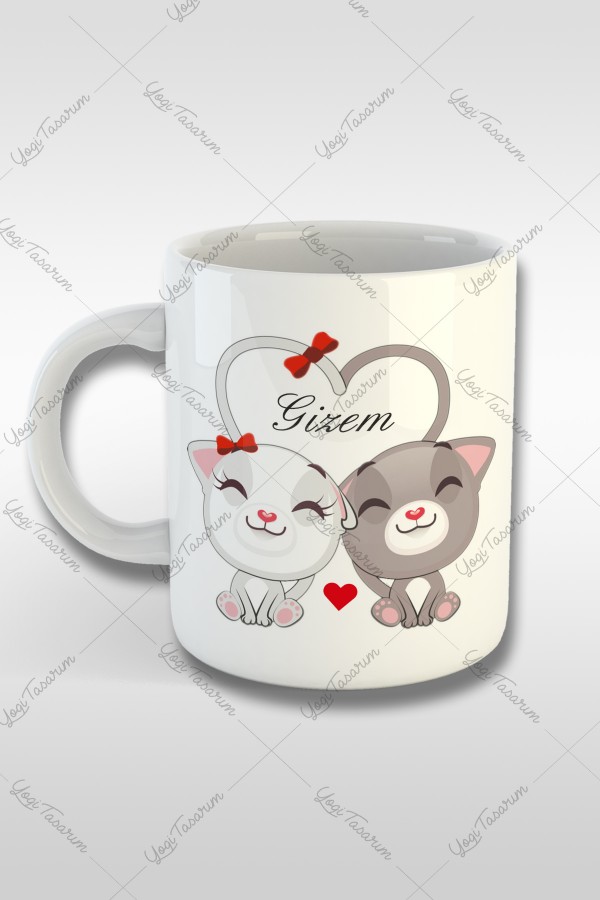 Sevgili İsmine Özel Kalpli Kediler Kupa Bardak Baskı