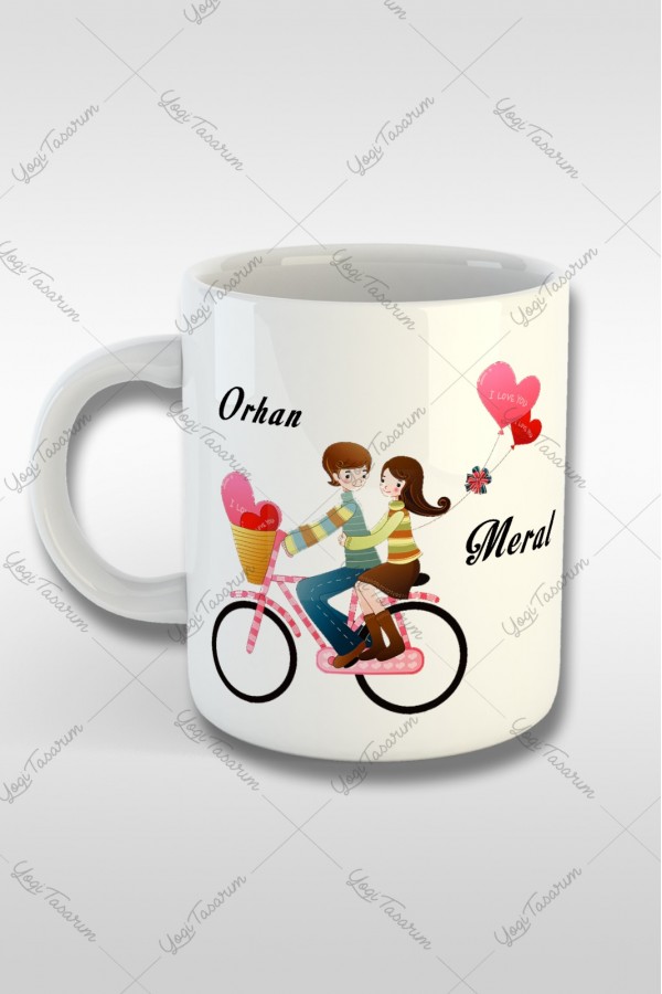 Sevgililer Günü Bisikletli Çift Temalı İsme Özel Kupa Bardak Baskı