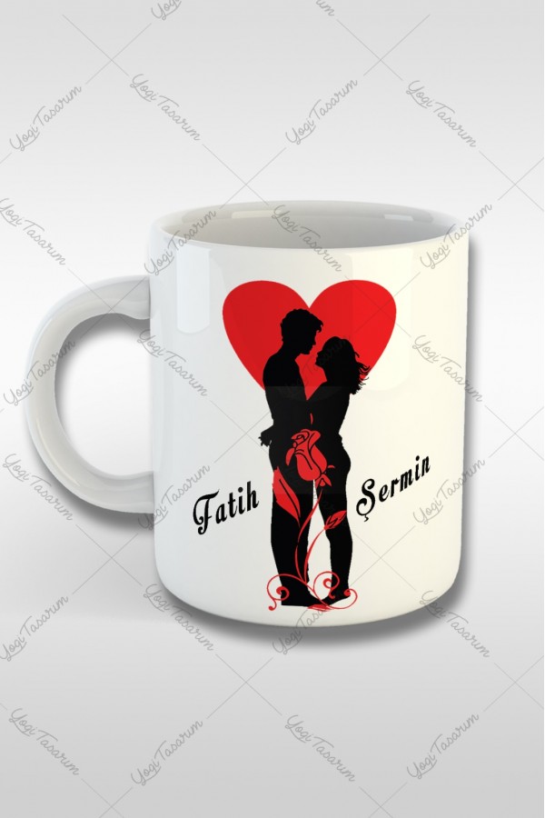 Sevgililer Günü Güllü Çift Temalı İsme Özel Kupa Bardak Baskı