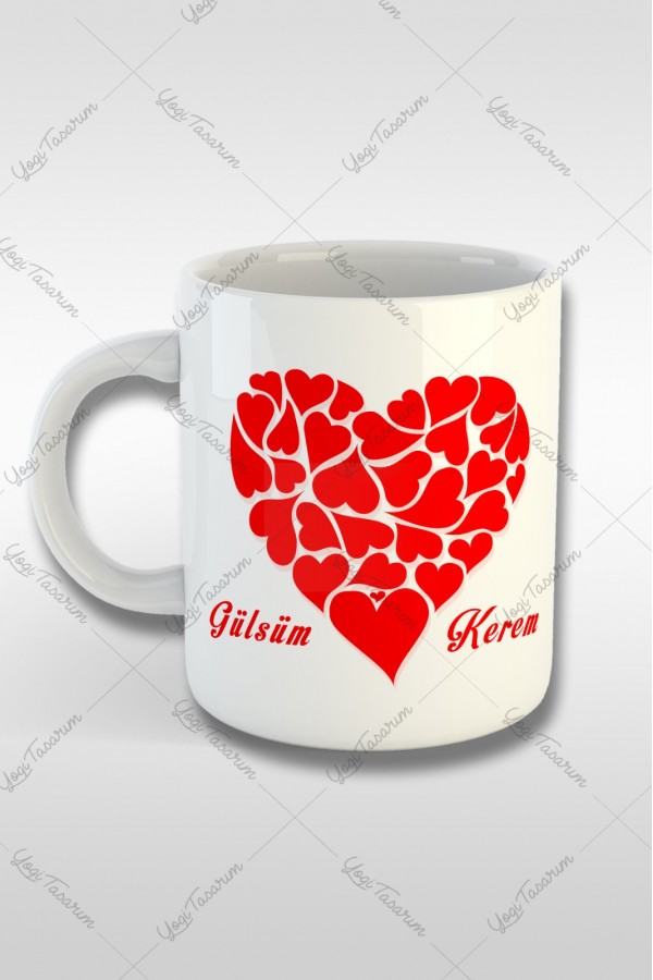 Sevgililer Günü Kalpli Kalp Temalı İsme Özel Kupa Bardak Baskı