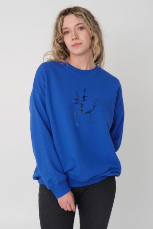 Öpüşen Çift Silüet Baskılı UNİSEX Oversize Sıfır Yaka Sweatshirt %100 Pamuk