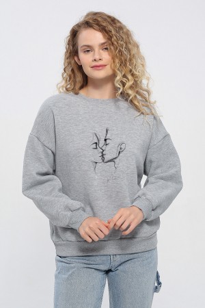 Öpüşen Çift Silüet Baskılı UNİSEX Oversize Sıfır Yaka Sweatshirt %100 Pamuk