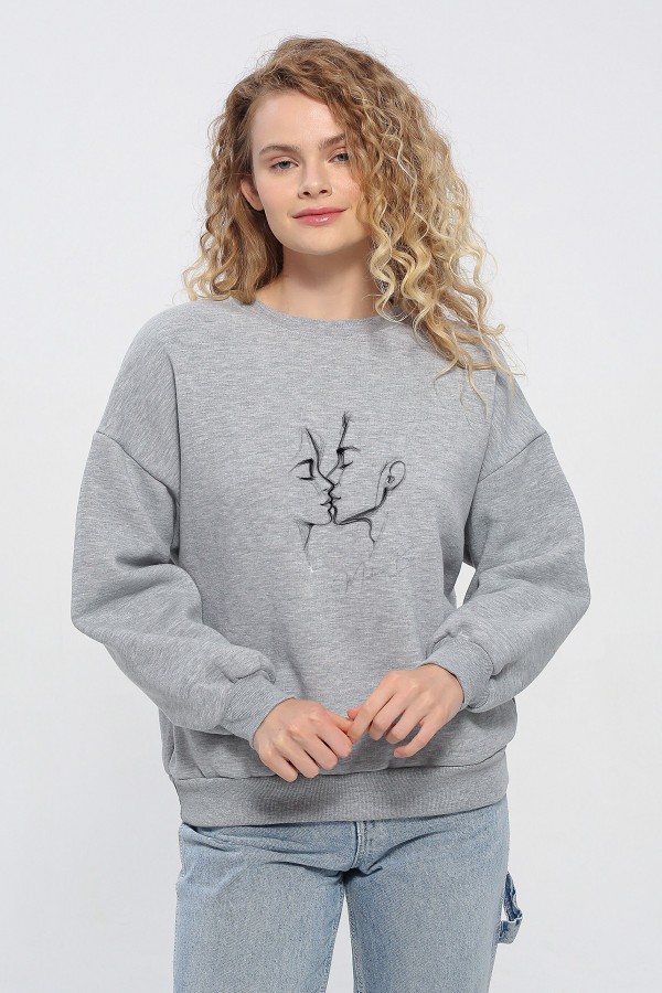 Öpüşen Çift Silüet Baskılı UNİSEX Oversize Sıfır Yaka Sweatshirt %100 Pamuk
