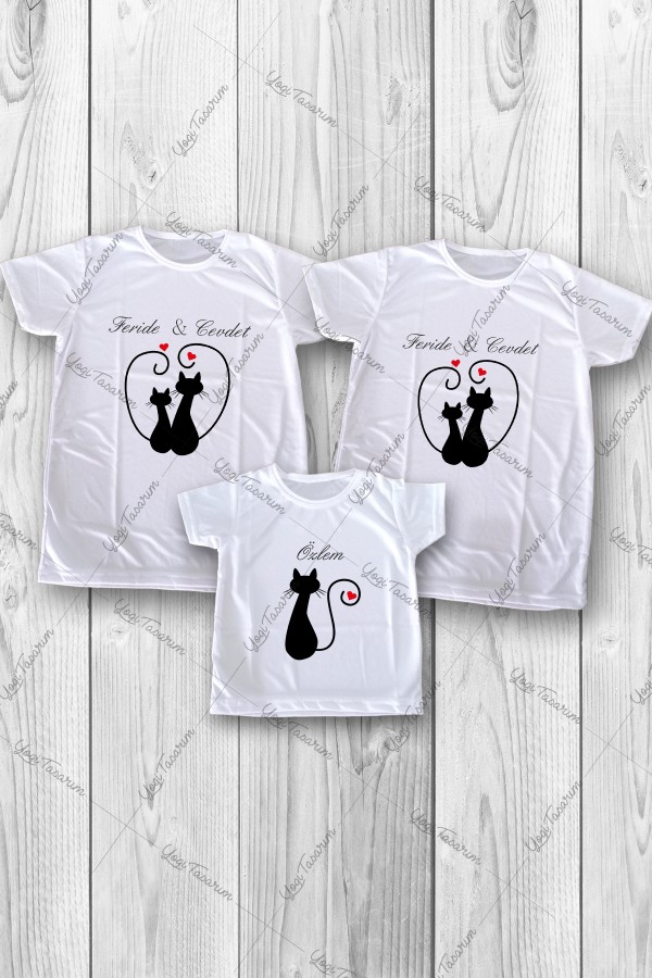 Çift İsimli Sevgili Kedi Silüet Temalı 3lü Aile Kombin Tişört Baskı