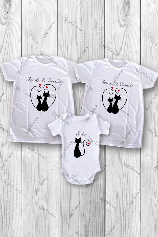 Çift İsimli Sevgili Kedi Silüet Temalı 3lü Aile Kombin Zıbın ve Tişört Baskı