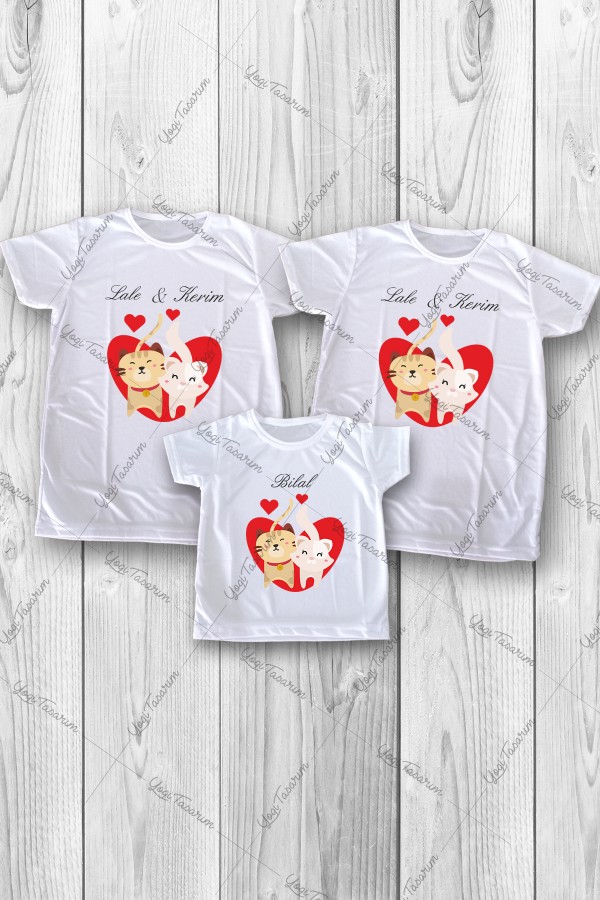 Kalp İçi Sevgili Kediler Temalı İsme Özel 3lü Aile Kombin Tişört Baskı Kalp İçi Sevgili Kediler Temalı İsme Özel 3lü Aile Kombin Tişört Baskı