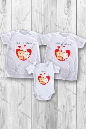 Kalp İçi Sevgili Kediler Temalı İsme Özel 3lü Aile Kombin Zıbın ve Tişört Baskı Kalp İçi Sevgili Kediler Temalı İsme Özel 3lü Aile Kombin Zıbın ve Tişört Baskı