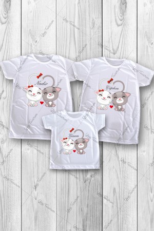 Kalp Kuyruklu Kedi Temalı İsme Özel 3lü Aile Kombin Tişört Baskı
