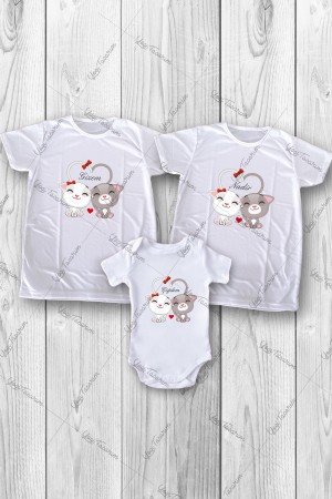 Kalp Kuyruklu Kedi Temalı İsme Özel 3lü Aile Kombin Zıbın ve Tişört Baskı Kalp Kuyruklu Kedi Temalı İsme Özel 3lü Aile Kombin Zıbın ve Tişört Baskı