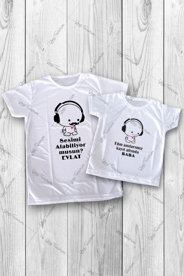 Kulaklıklı Baba Çocuk Karakter Kombin Tişört Baskı
