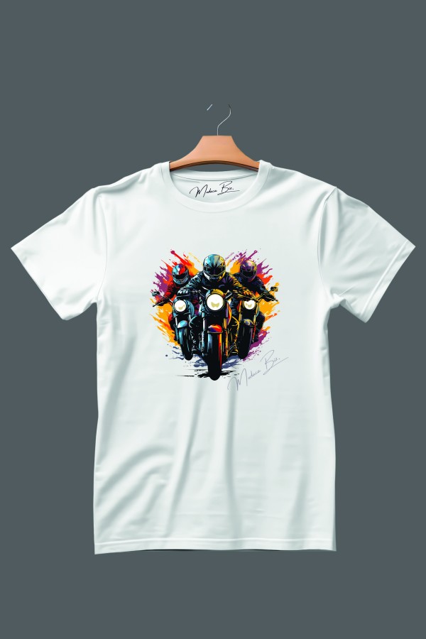 3lü Motorcu Baskılı Unisex Tişört 3lü Motorcu Baskılı Unisex Tişört