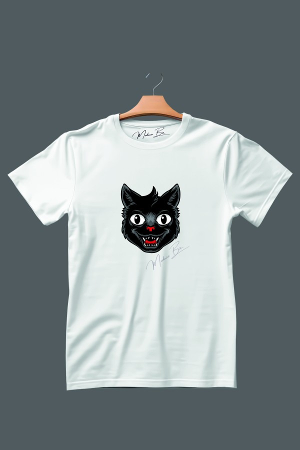 Gülen Siyah Kedi Kafa Görsel Baskılı Unisex Beyaz Tişört
