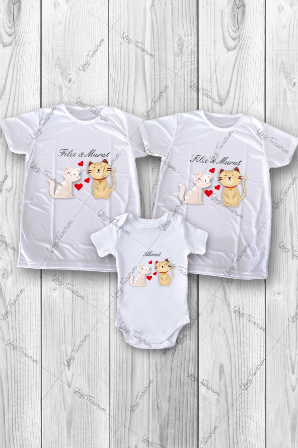 Sevgili Kediler Çift İsimli 3lü Aile Kombin Zıbın ve Tişört Baskı