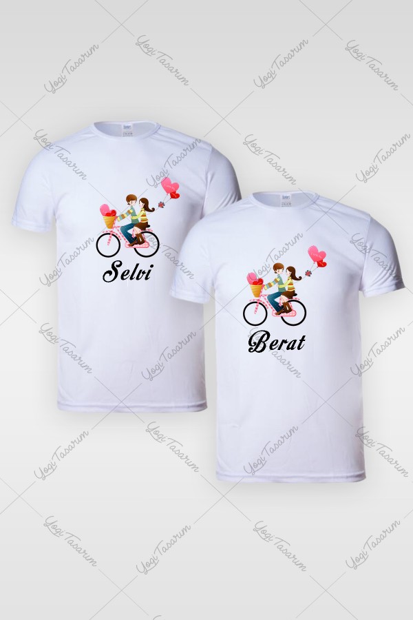 Bisikletli Çift Kombini İsme Özel Sevgili Tişört Baskı