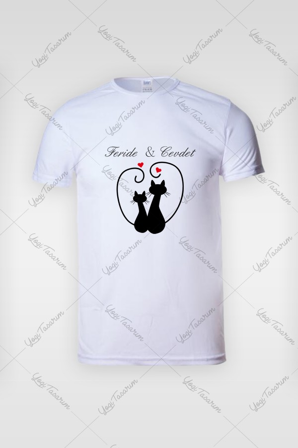 Çift İsimli Sevgili Kedi Silüet Temalı Tişört Baskı