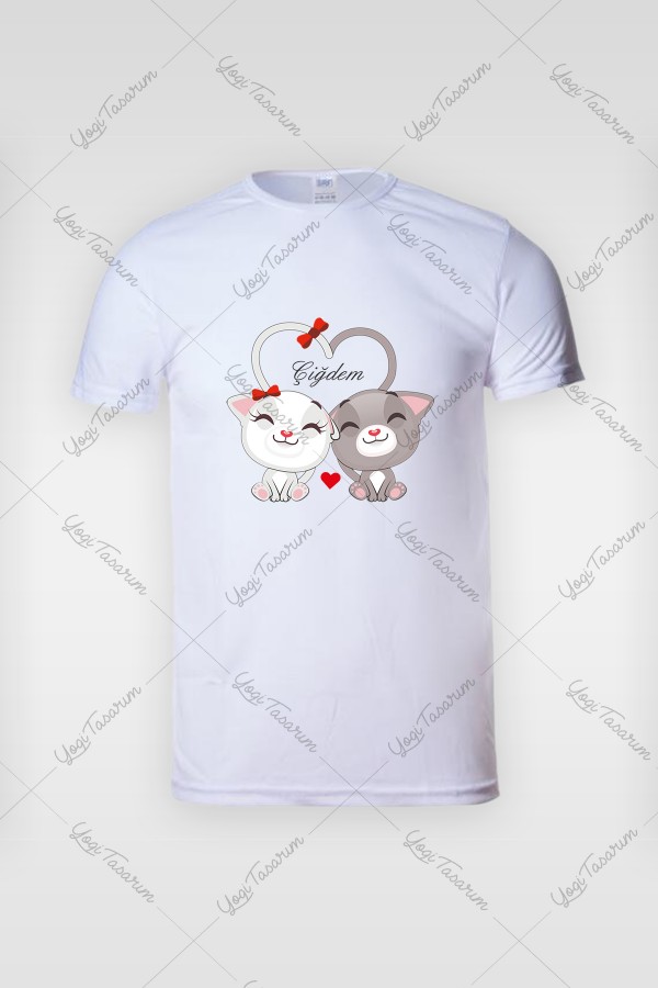 Kalp Kuyruklu Kedi Temalı İsme Özel Tişört Baskı