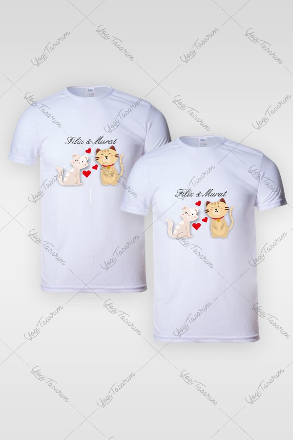 Sevgili Kediler Çift İsimli Kombin Tişört Baskı 2li