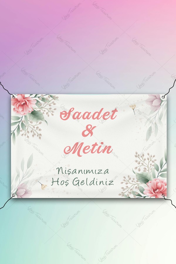 Pembe Çiçekli Mint Renkli Nişan Afiş Yatay