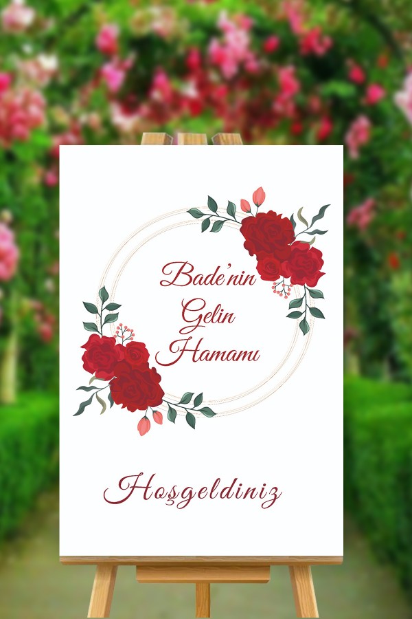 Gelin Hamamı Kırmızı Çiçek Temalı Karşılama Panosu