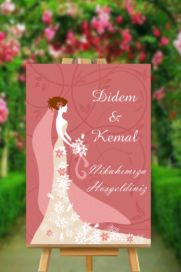 Gelinli Pembe Nikah Karşılama Panosu