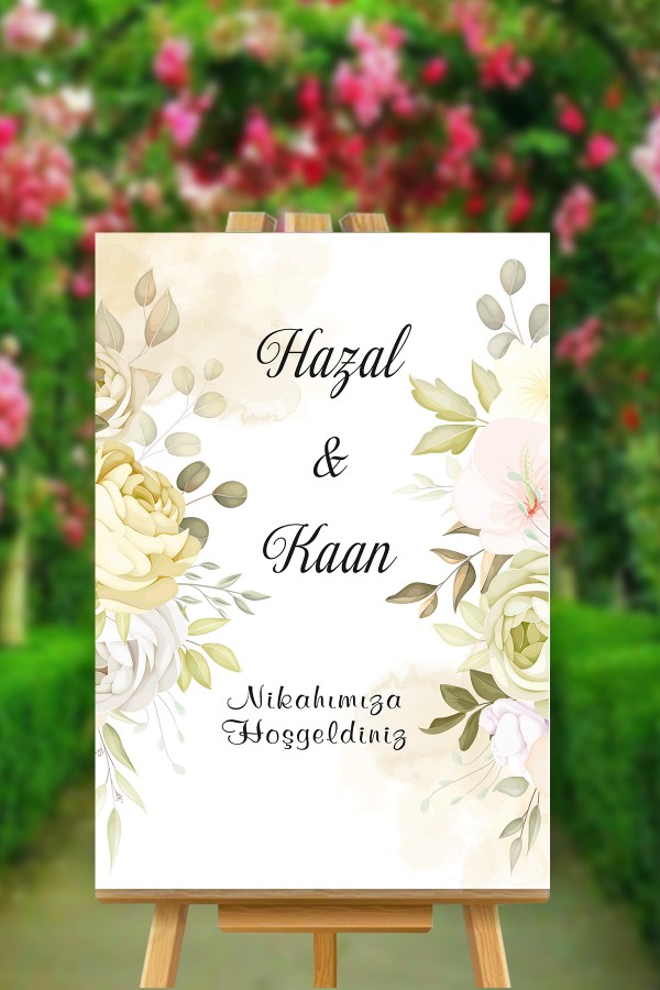 Güllü Yapraklı İsme Özel Nikahımıza Hoşgeldiniz Temalı Karşılama Panosu