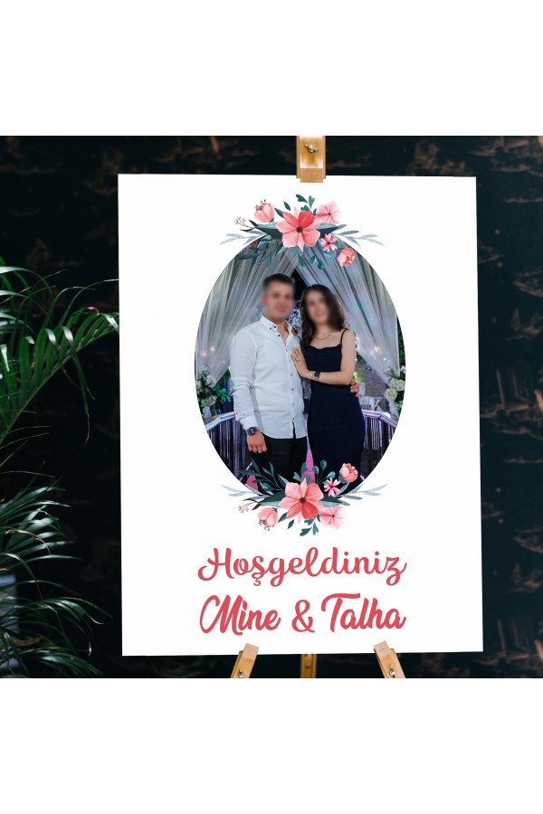 Hoşgeldiniz Düğün Çiçek Desenli Karşılama Panosu