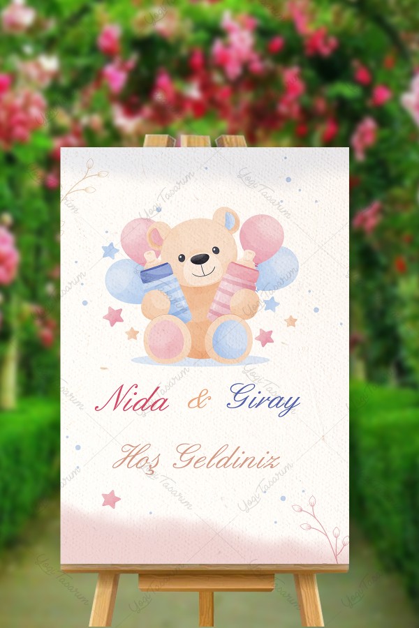 İkiz Bebekler İsme Özel Hoş Geldiniz Karşılama Panosu