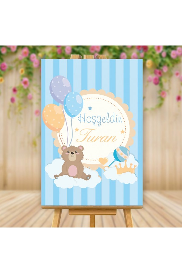 İsme Özel Balonlu Ayıcıklı Hoşgeldin Mavi Karşılama Panosu