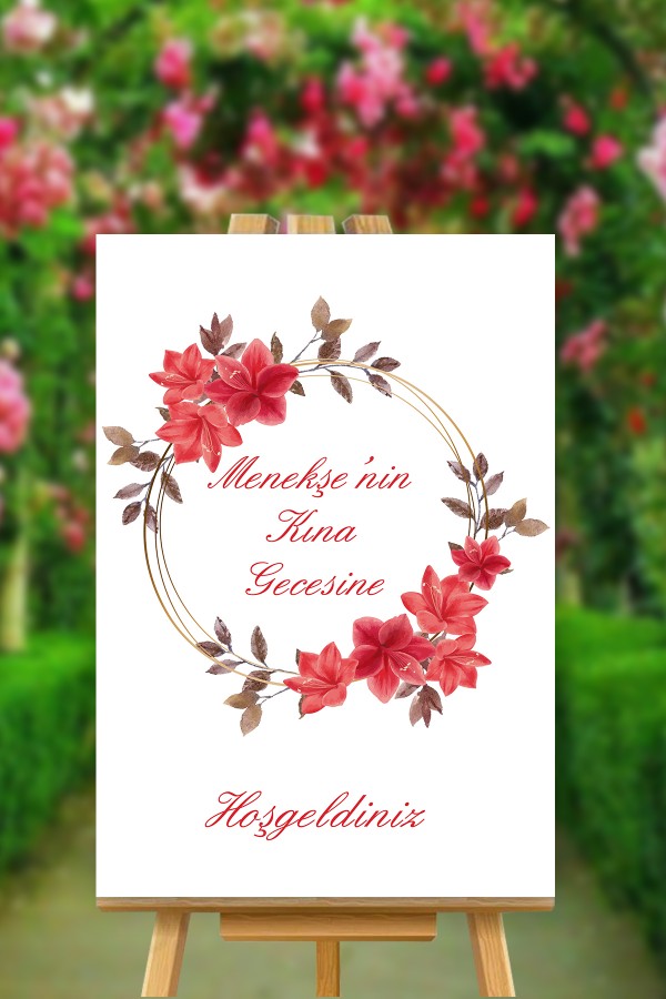 Kırmızı Kahve Yuvarlak Çiçek Temalı Gelinin Kına Gecesine Hoşgeldiniz Karşılama Panosu