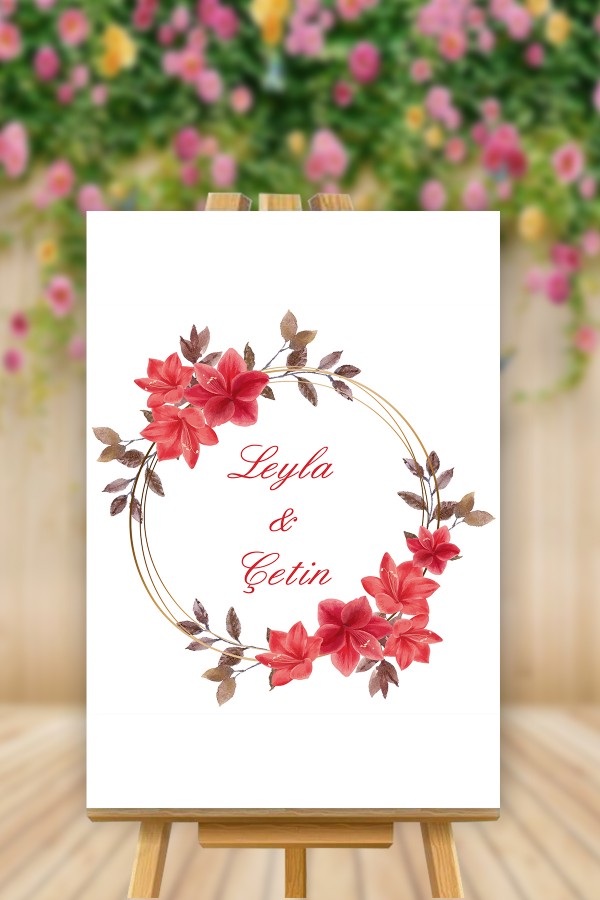 Kırmızı Kahve Yuvarlak Çiçek Temalı İsimli Karşılama Panosu