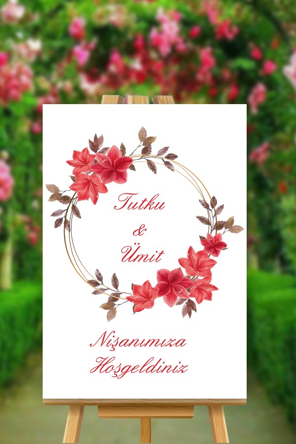 Kırmızı Kahve Yuvarlak Çiçek Temalı İsimli Nişan Karşılama Panosu