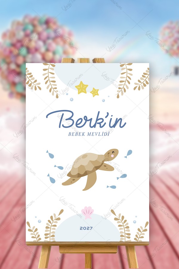 Kaplumbağalı İsme Özel Bebek Mevlidi Karşılama Panosu