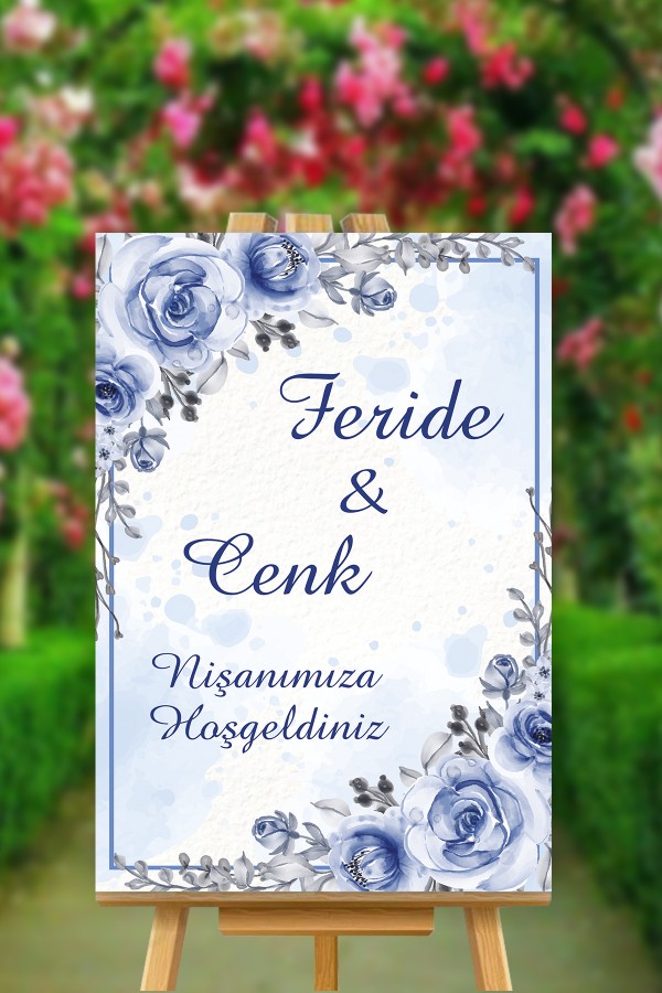 Mavi Çiçek Temalı Nişan Karşılama Panosu