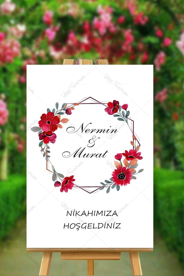 Nikahımıza Hoş Geldiniz Kırmızı Papatya Karşılama Panosu