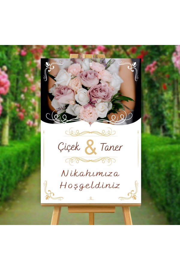 Nikahımıza Hoşgeldiniz Yazılı Gelin Çiçeği Temalı Karşılama Panosu
