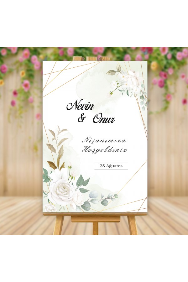Nişanımıza Hoşgeldiniz Beyaz Gül Temalı Karşılama Panosu
