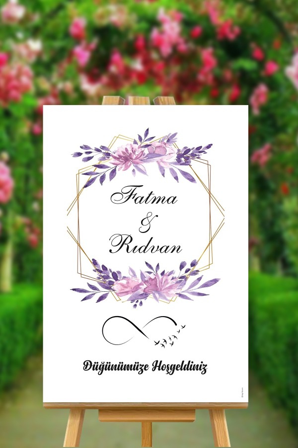 Pembeli Morlu Çiçekli Düğün Karşılama Panosu