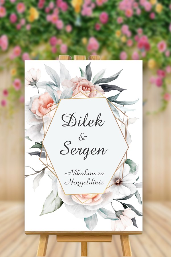 Pudra Çiçekli İsimli Altıgen Nikah Karşılama Panosu